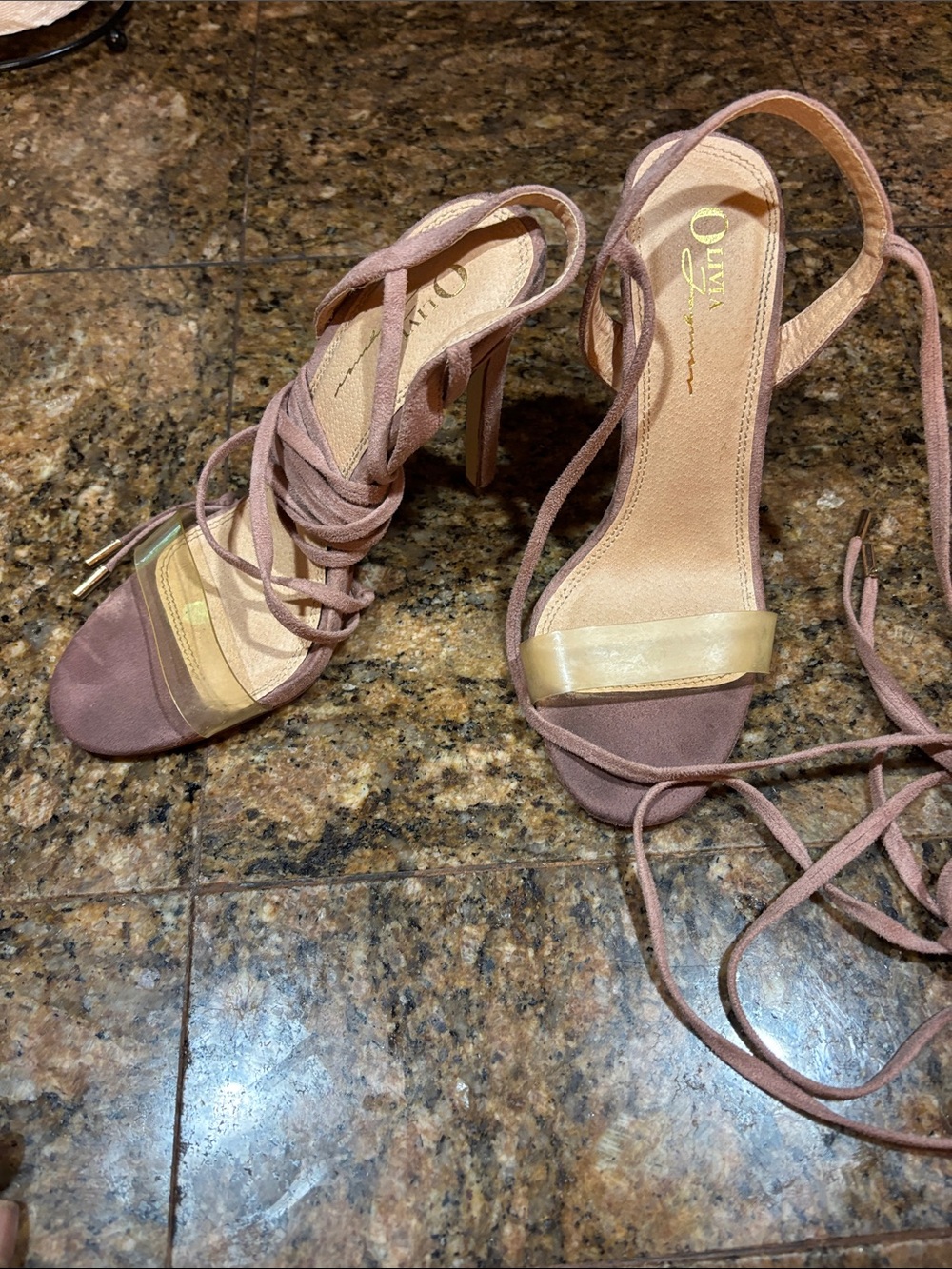 Suede Lace-Up High Heel Sandals in Rose Taupe with Gold Strap